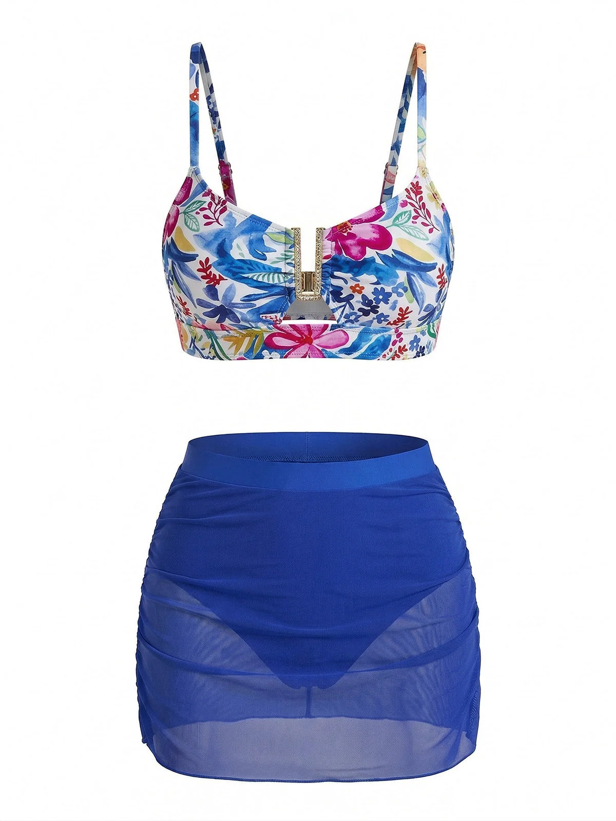 Ensemble tankini taille haute motif floral et boucle en métal forme U années 60 - Image 7