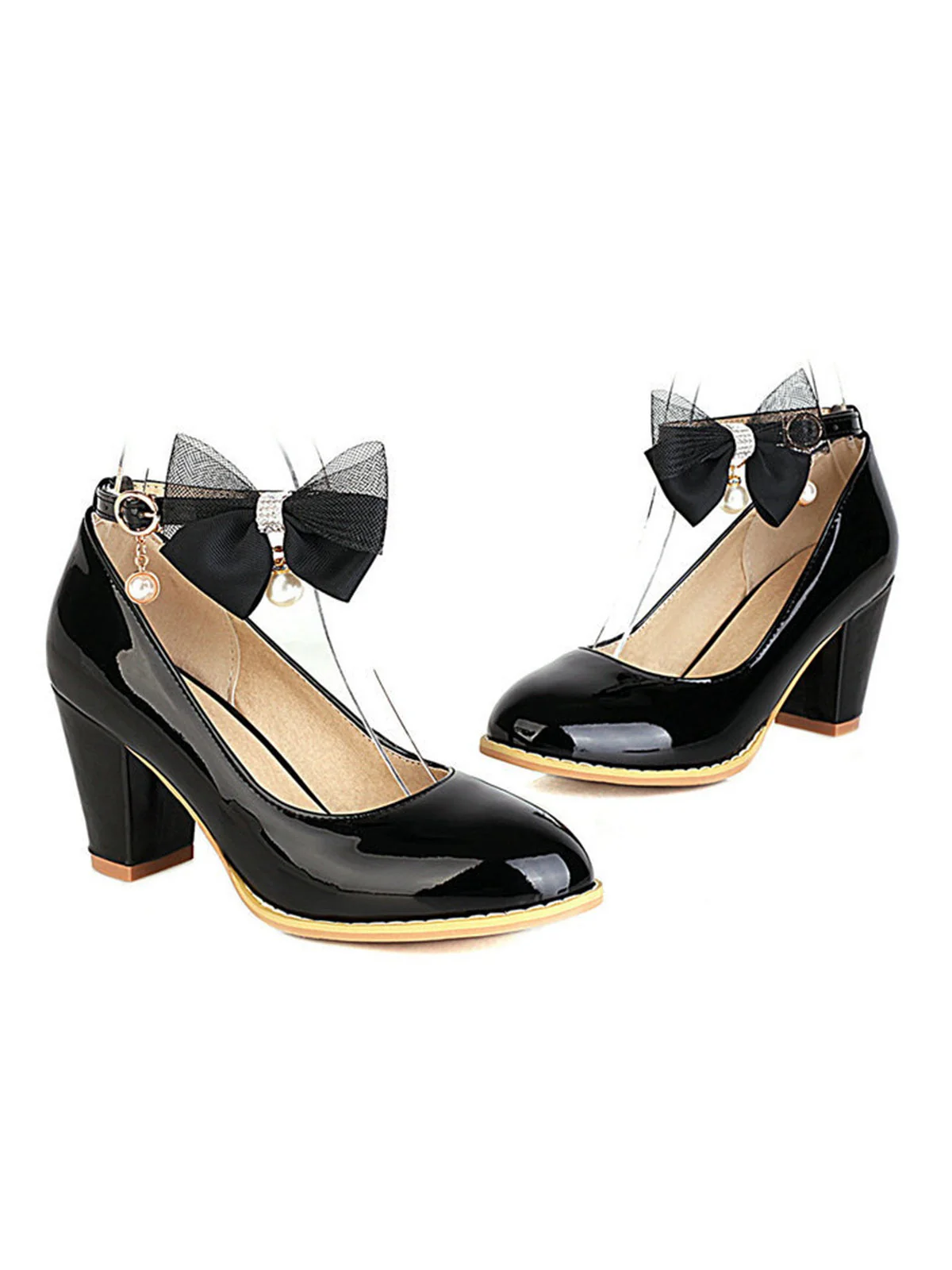 Escarpins à talons épais en cuir verni avec nœud Mary Jane - Image 2