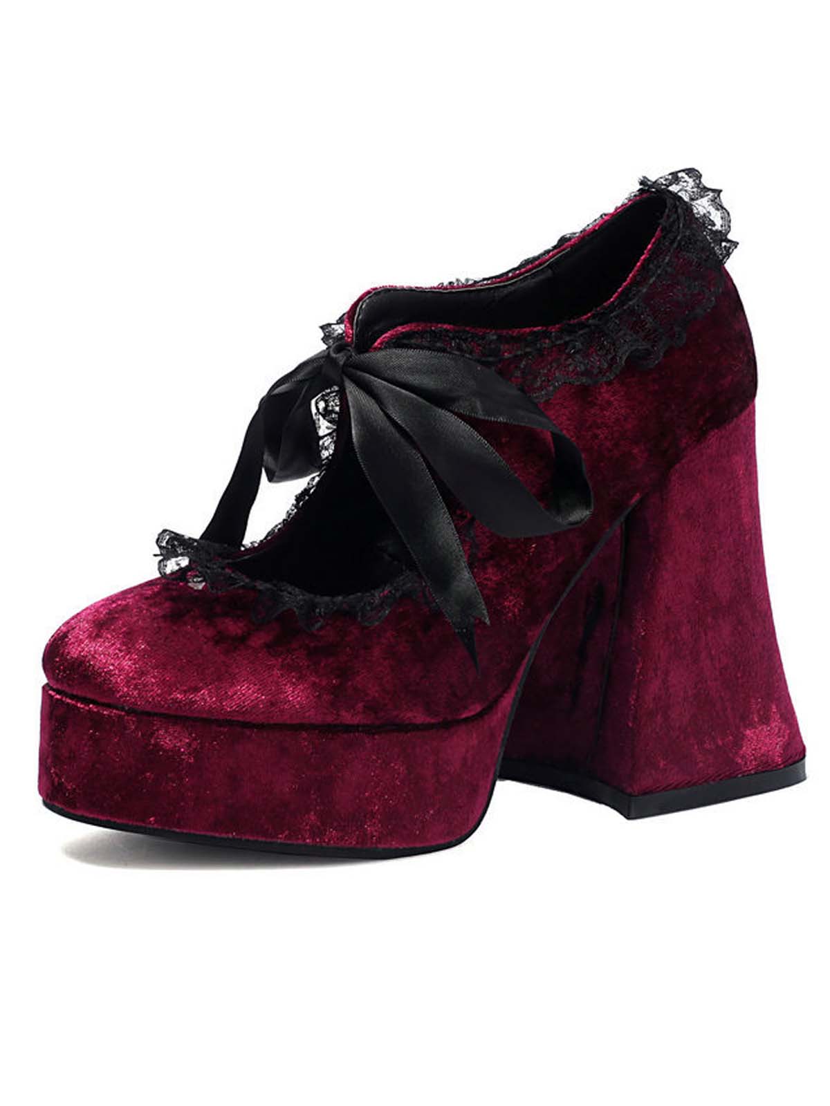 Escarpins à talons épais en velours rose avec nœud en dentelle
