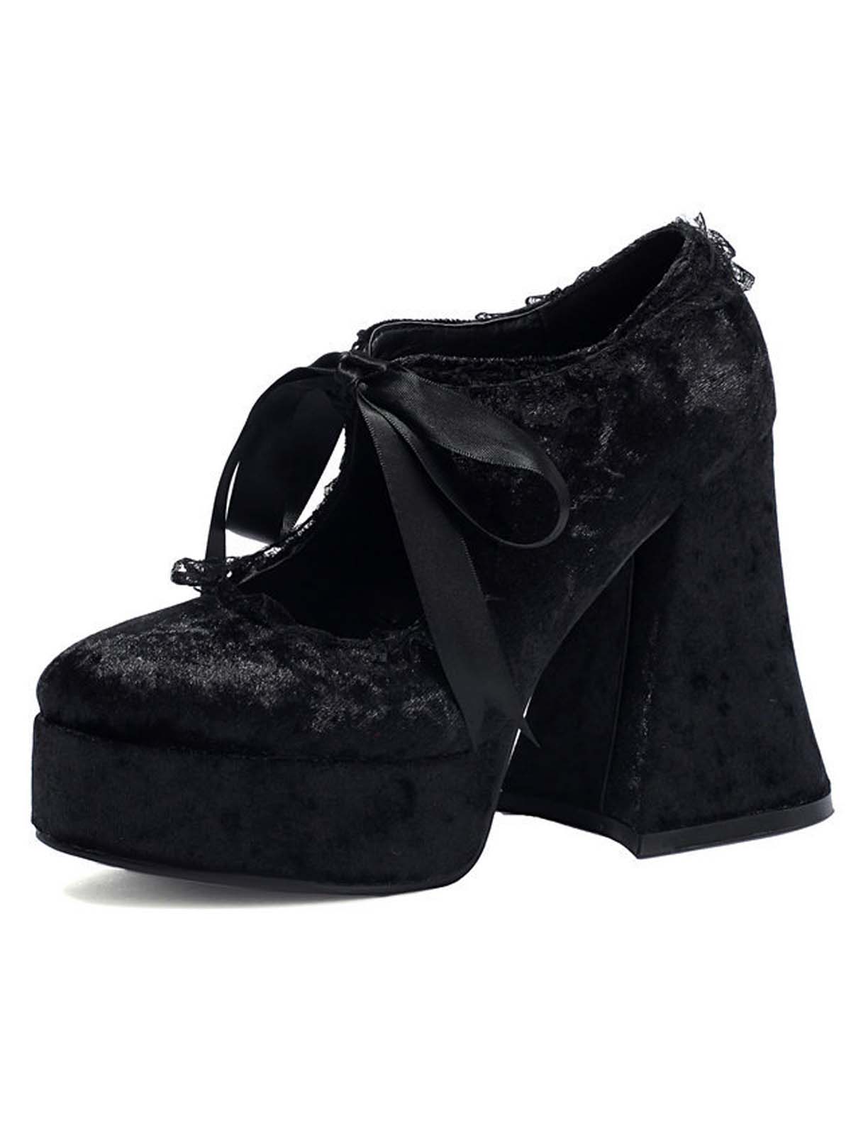 Escarpins à talons épais en velours rose avec nœud en dentelle - Image 5