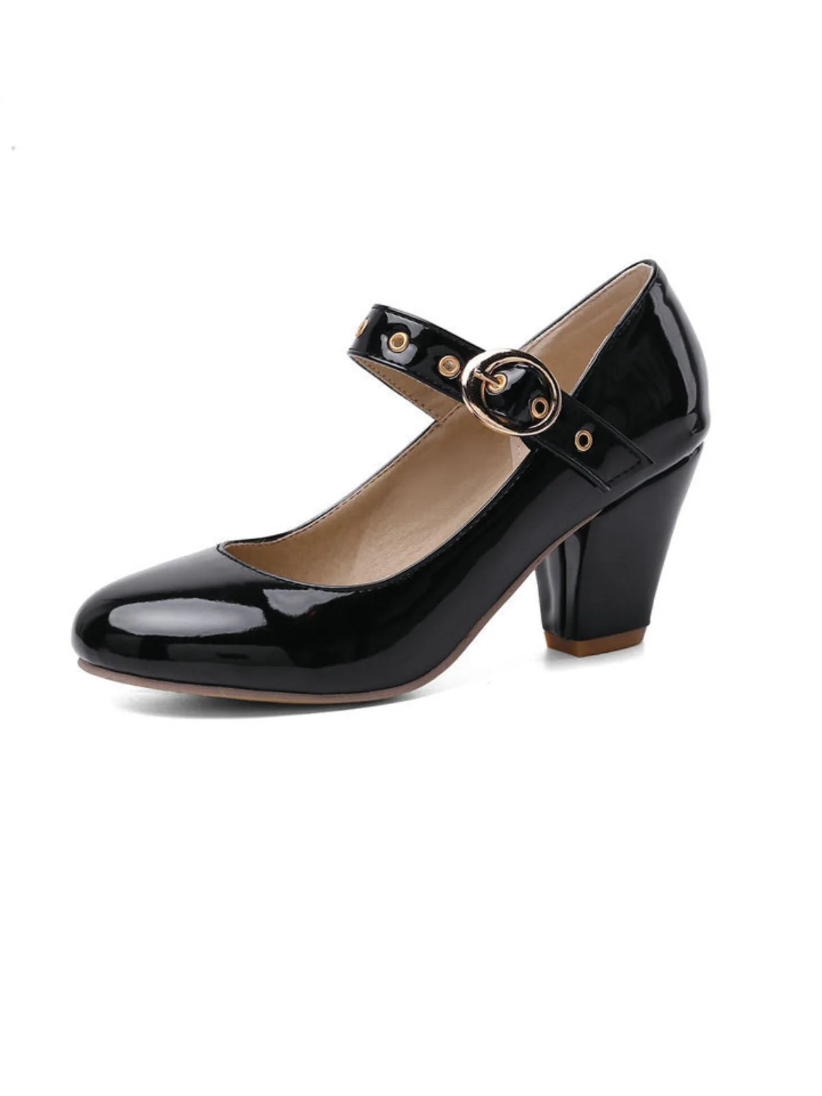 Escarpins à talons hauts en cuir verni à bout rond et boucle - Image 10