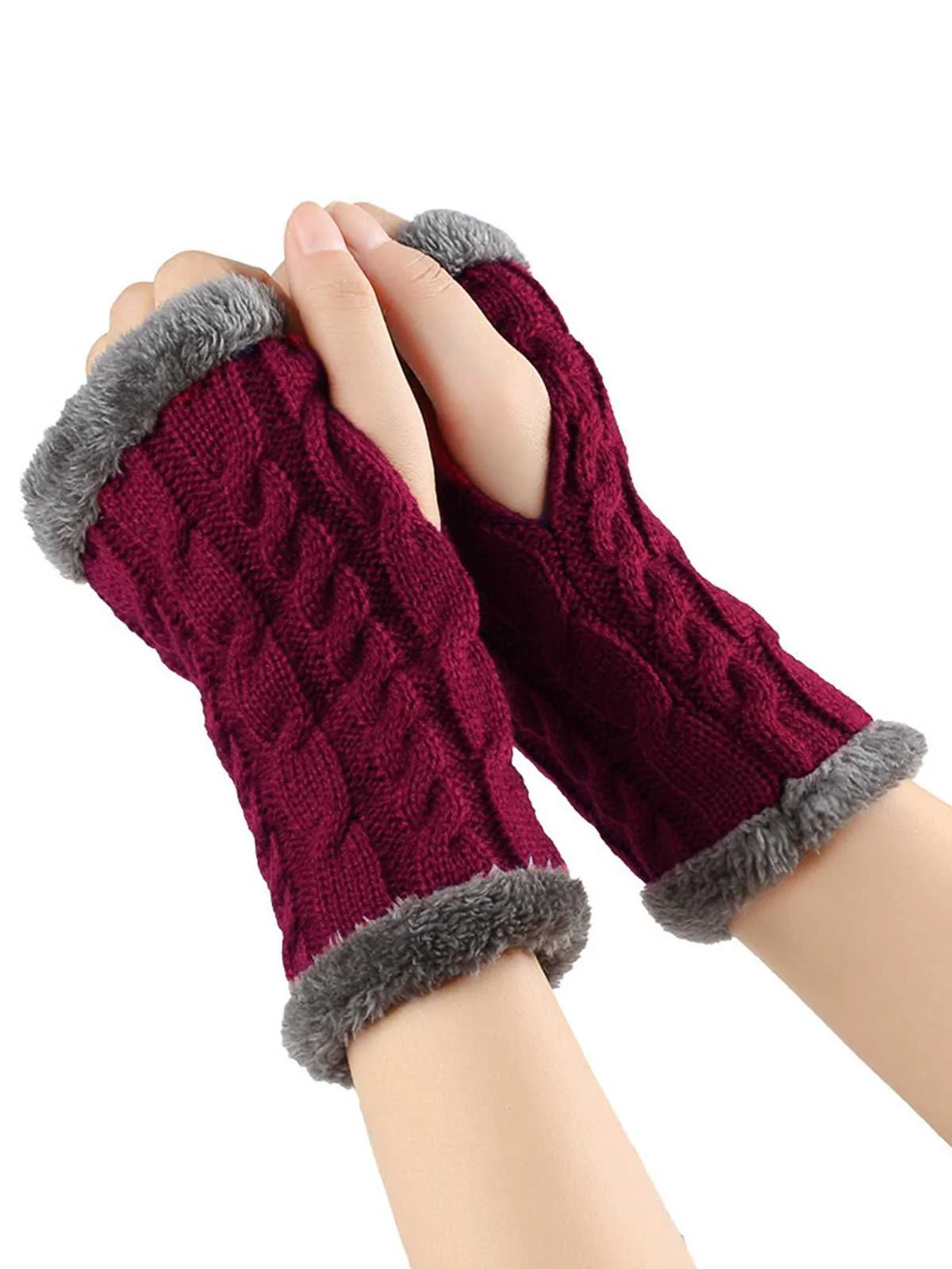 Gants d'hiver tricotés sans doigts avec bordure en fausse fourrure - Image 2