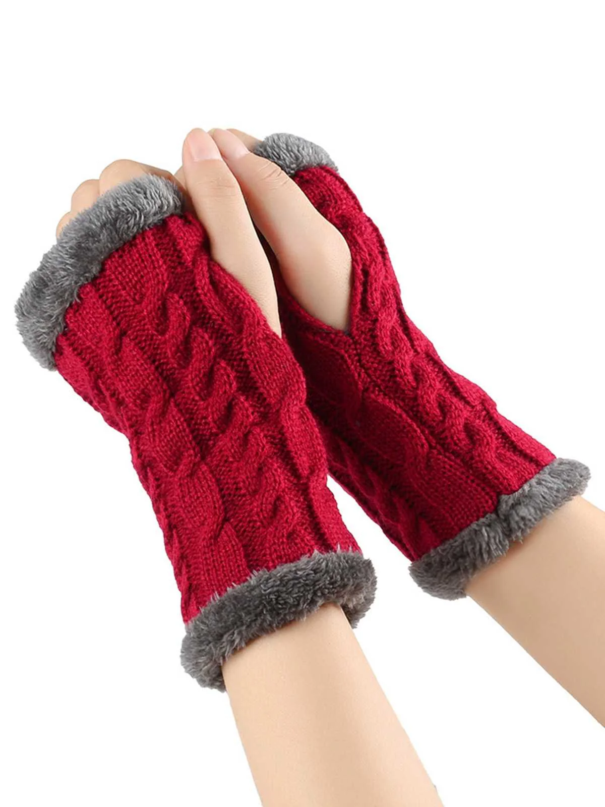 Gants d'hiver tricotés sans doigts avec bordure en fausse fourrure - Image 4