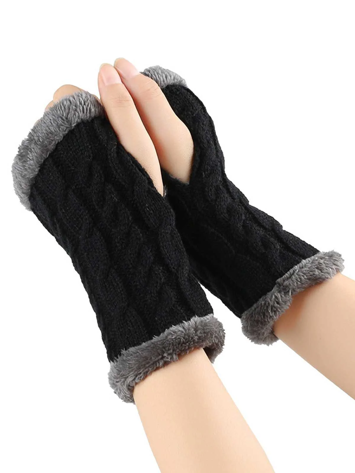 Gants d'hiver tricotés sans doigts avec bordure en fausse fourrure - Image 7