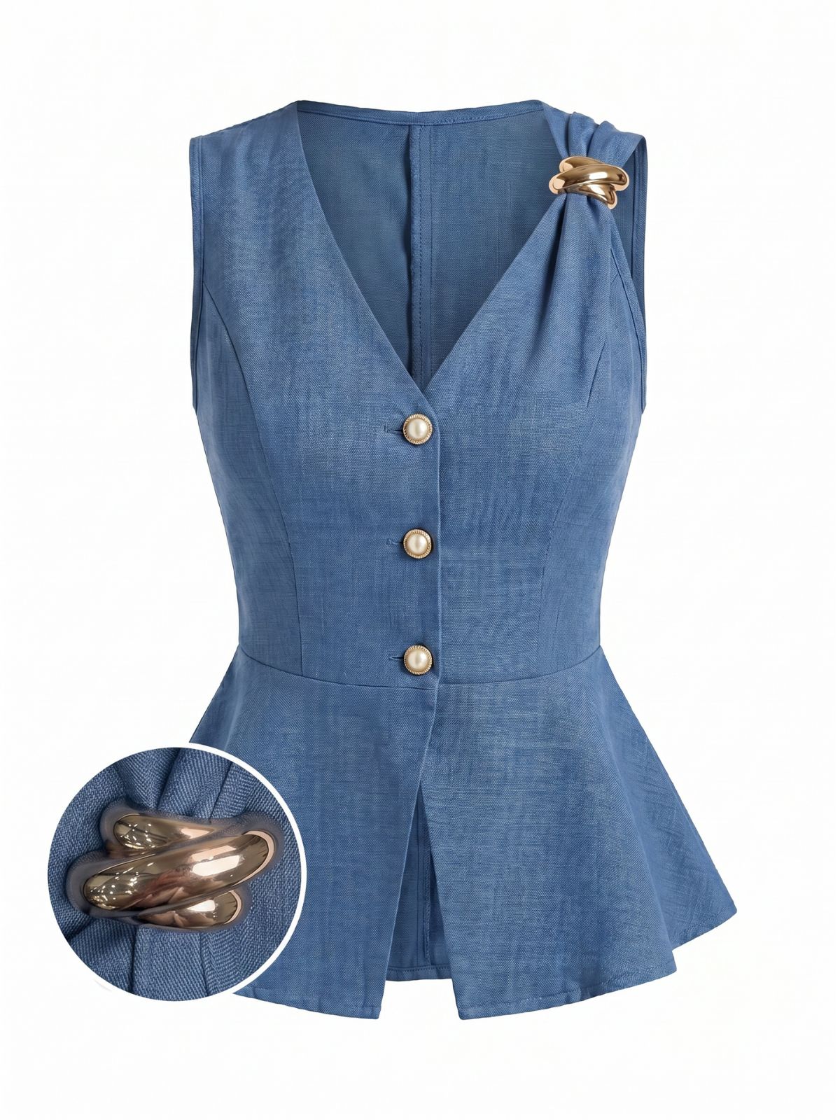 Gilet bleu col V et boutons façon perle années 1960