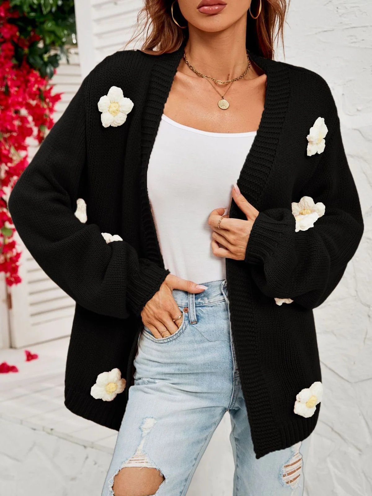 Gilet en maille manches longues motif marguerite 3D années 1930