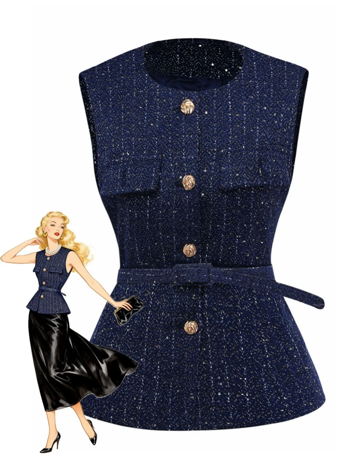Gilet en tweed uni à boutons et ceinture années 1960