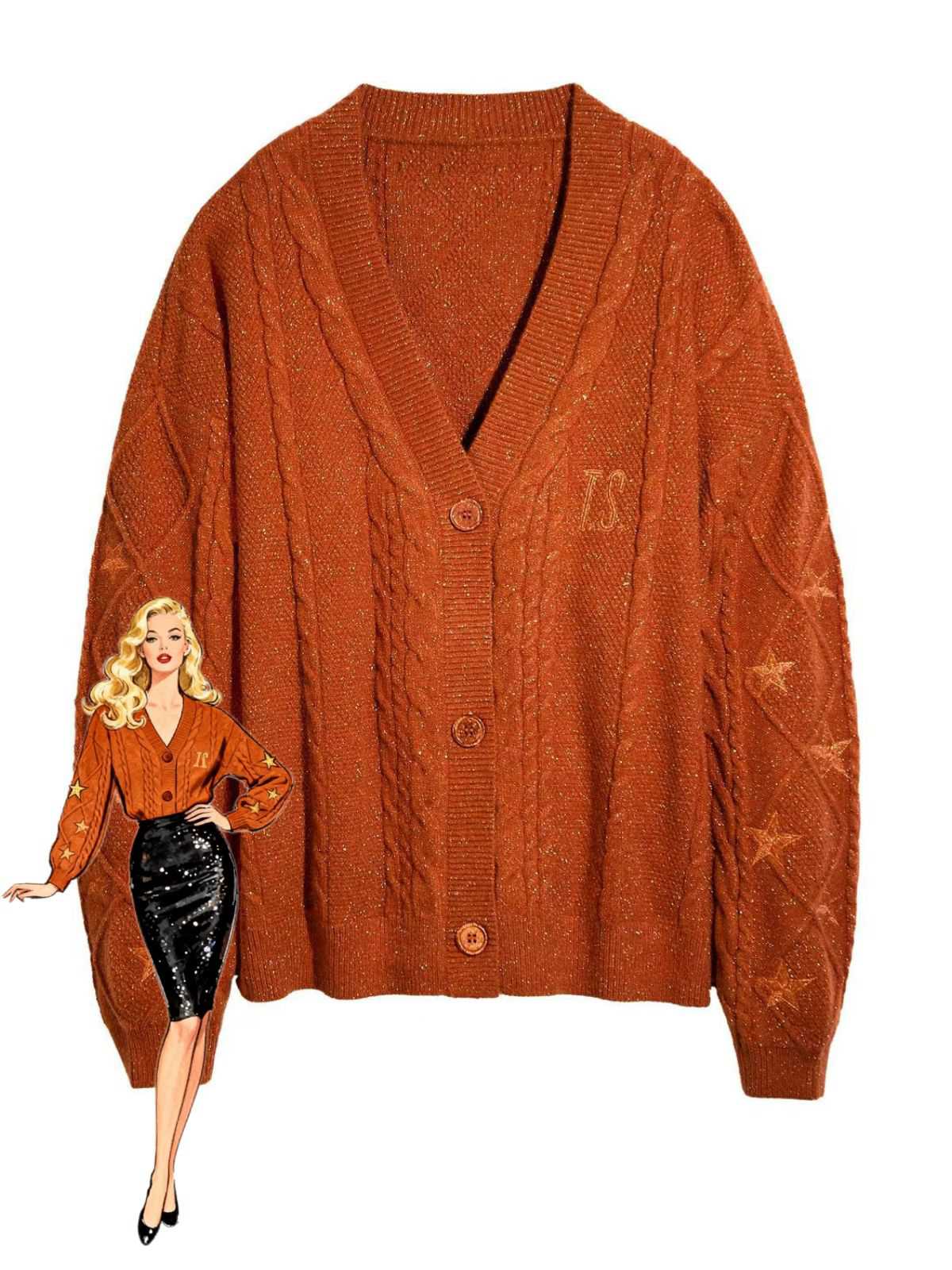 Gilet orange à col en V et broderie d'étoiles années 1940