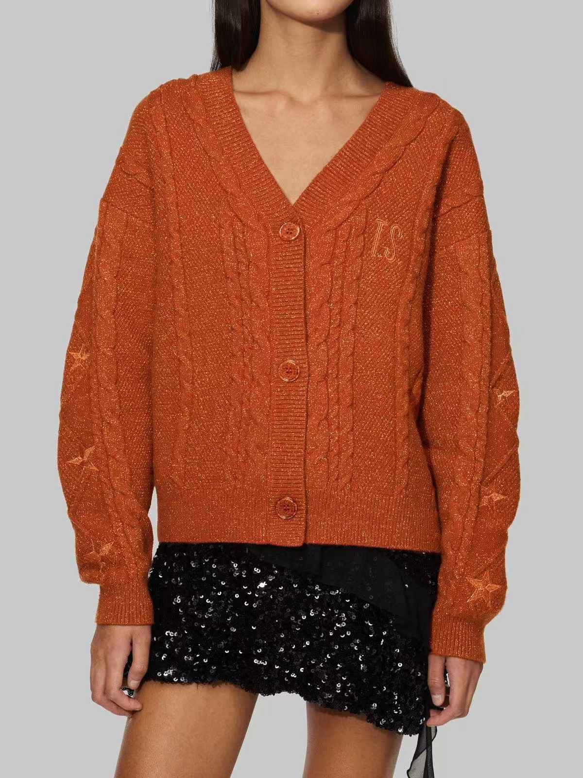 Gilet orange à col en V et broderie d'étoiles années 1940 - Image 2