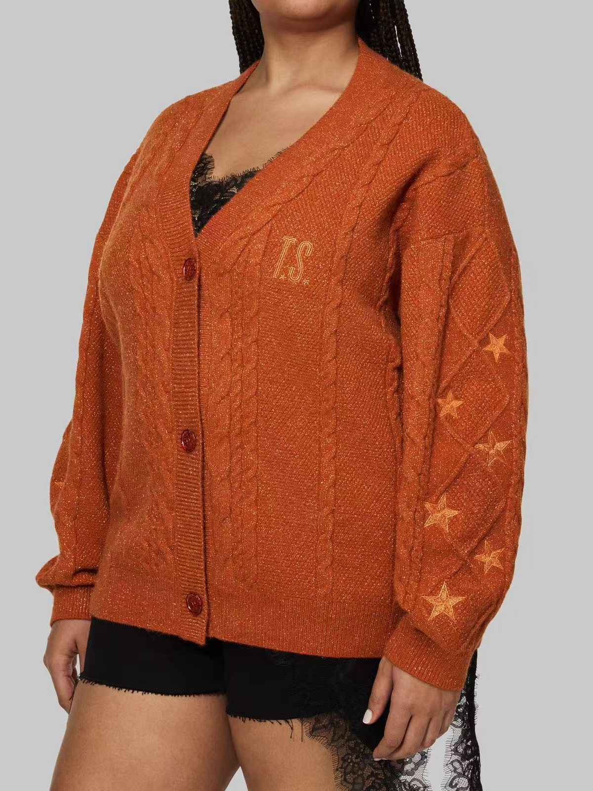Gilet orange à col en V et broderie d'étoiles années 1940 - Image 3