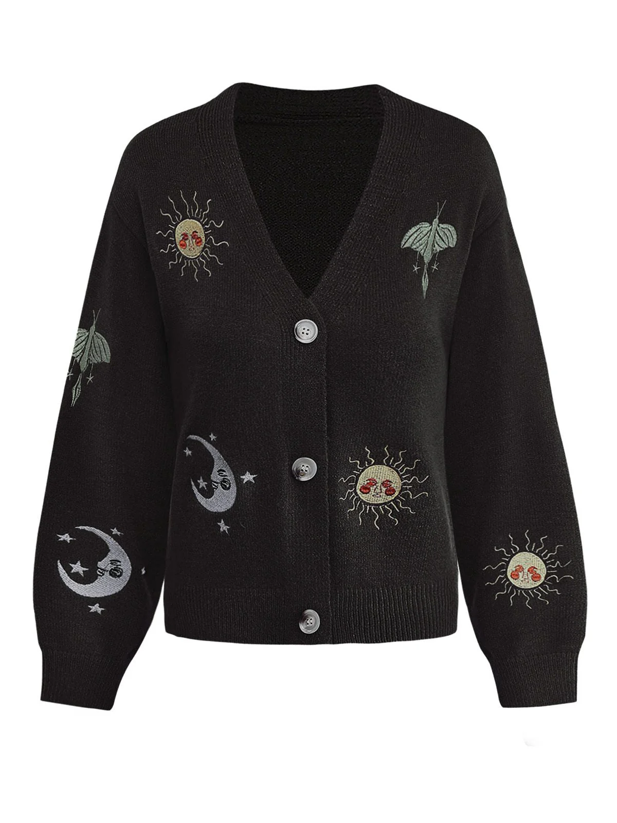 Gilet tricoté à manches lanternes brodées soleil et lune des années 1980