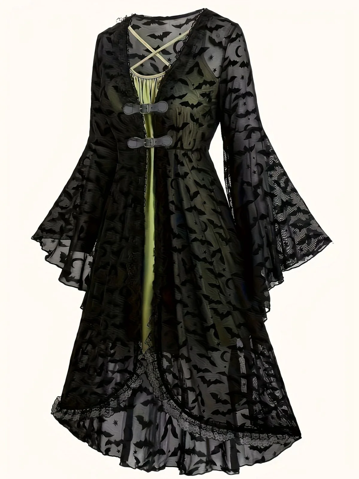 [Grande taille] 2PCS en maille noire style chauve-souris et robe verte des années 40 - Image 2