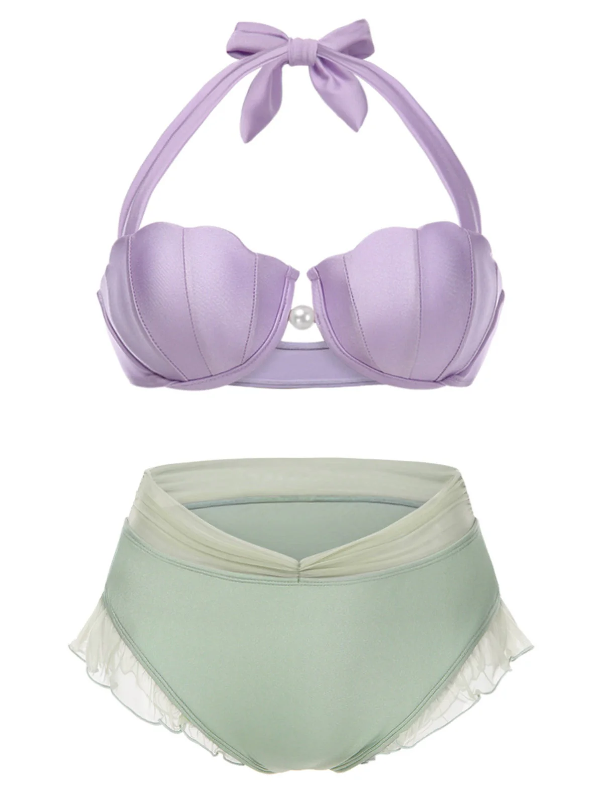 [Grande taille] Ensemble bikini licou coquille sirène lavande des années 1970