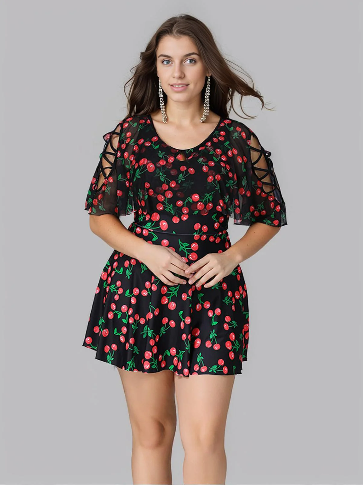 [Grande Taille] Maillot de bain noir jupe motif cerises années 30 - Image 2