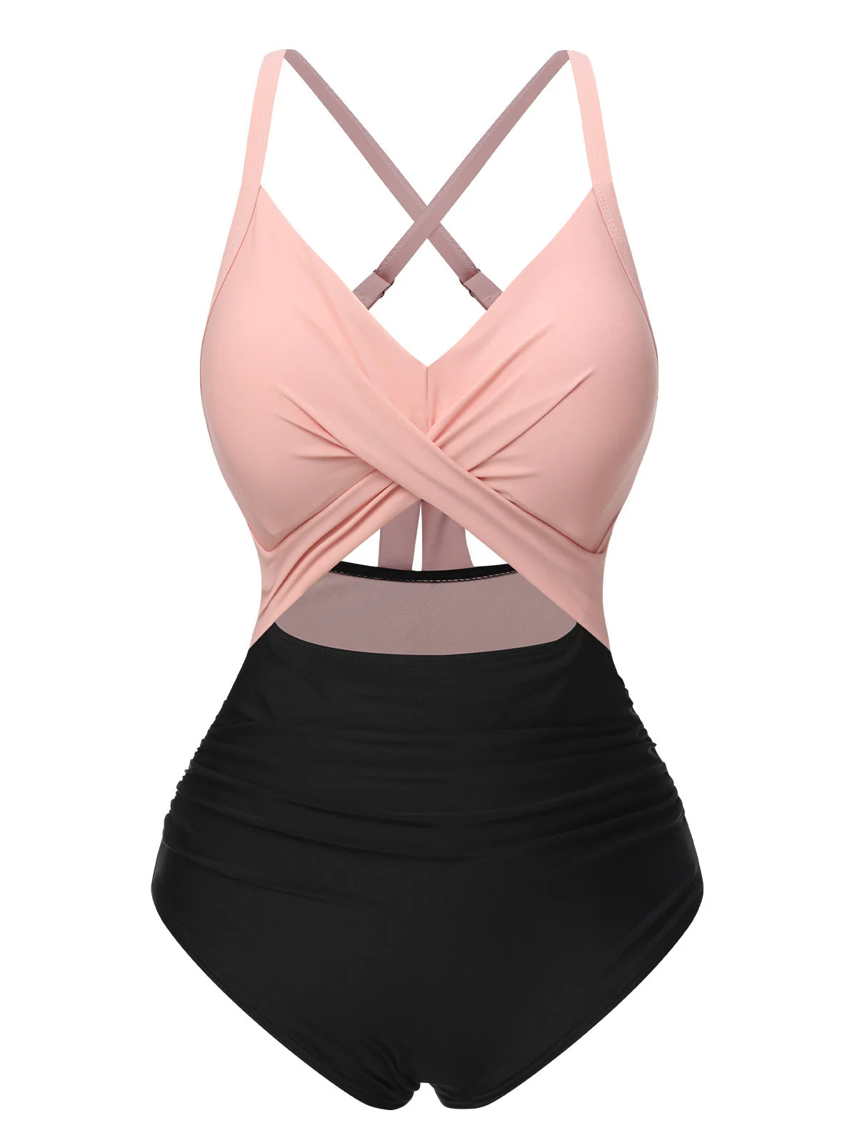 [Grande Taille] Maillot de bain patchwork taille creuse rose et noir des années 1940