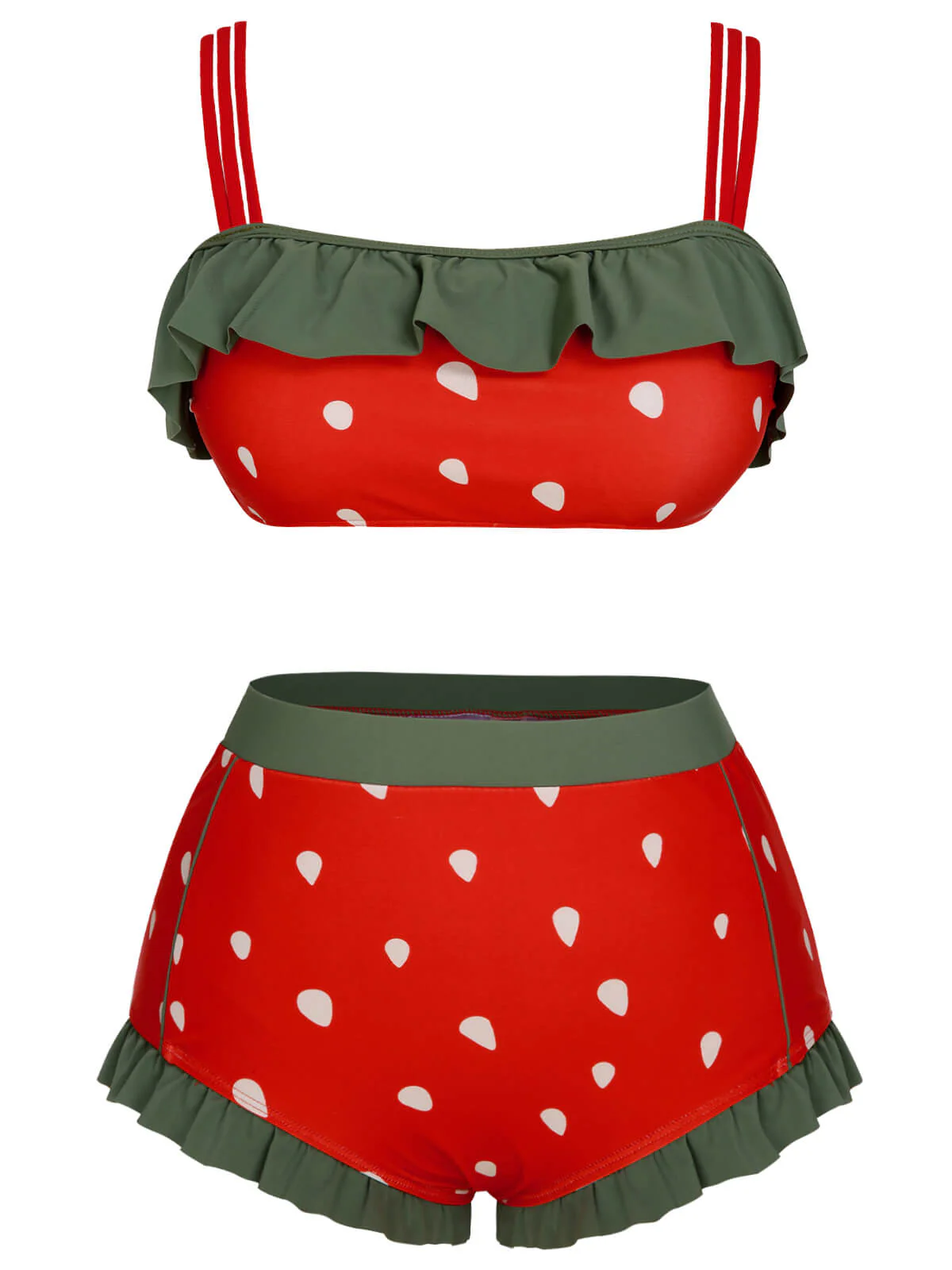 [Grande taille] Maillot de bain rouge à bretelles à volants et fraises des années 1950 - Image 2