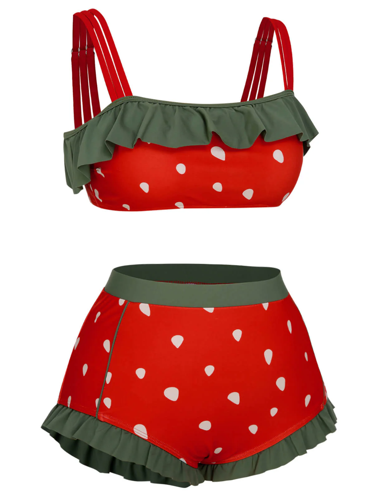 [Grande taille] Maillot de bain rouge à bretelles à volants et fraises des années 1950 - Image 3