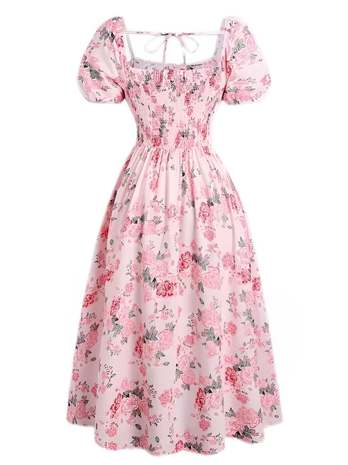 [Grande taille] Robe fleurie rose à col carré des années 1950 - Image 3