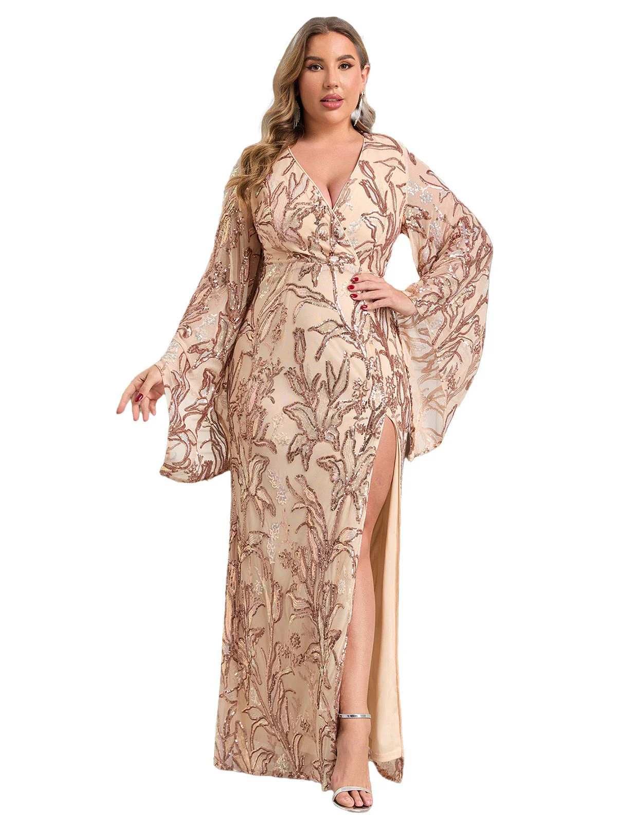 [Grande Taille] Robe longue fendue beige à sequins floraux des années 1980 - Image 2