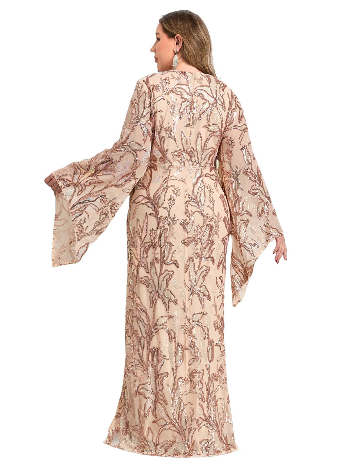 [Grande Taille] Robe longue fendue beige à sequins floraux des années 1980 - Image 4