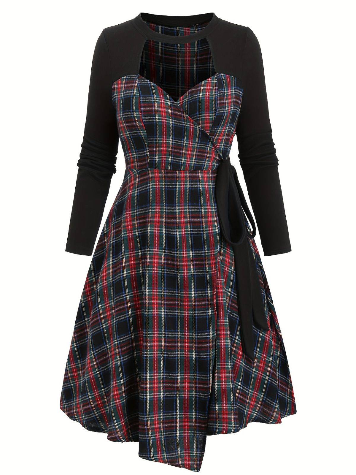 [Grande taille] Robe patchwork noire à carreaux découpés années 40
