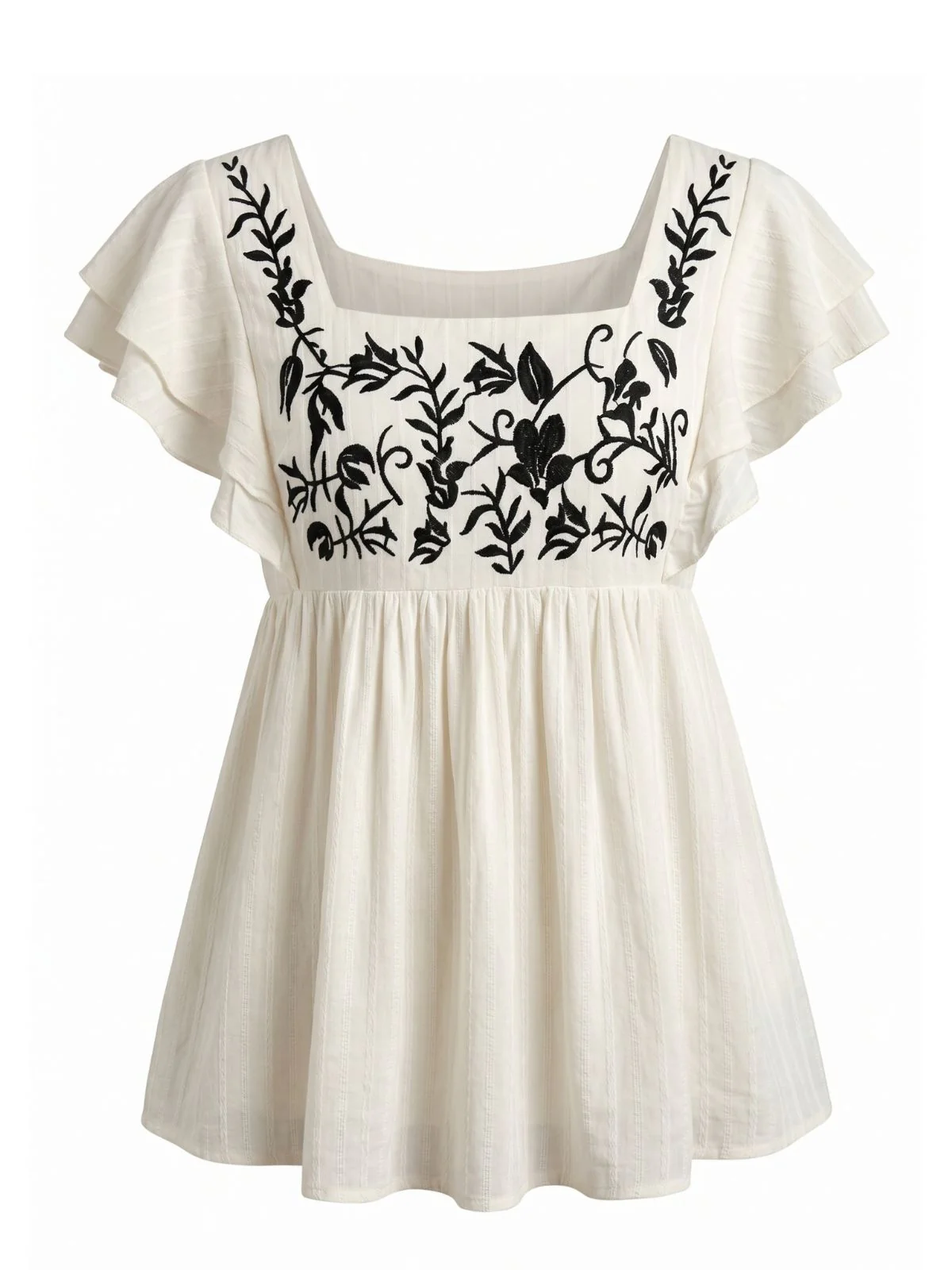Haut babydoll manches volantées et broderies florales années 70