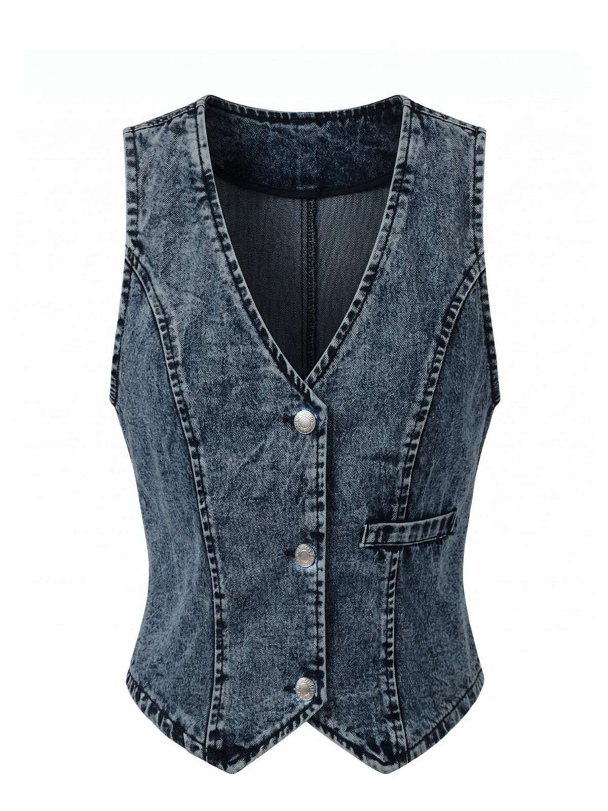 Haut bleu denim col V sans manches boutonné années 70 - Image 2
