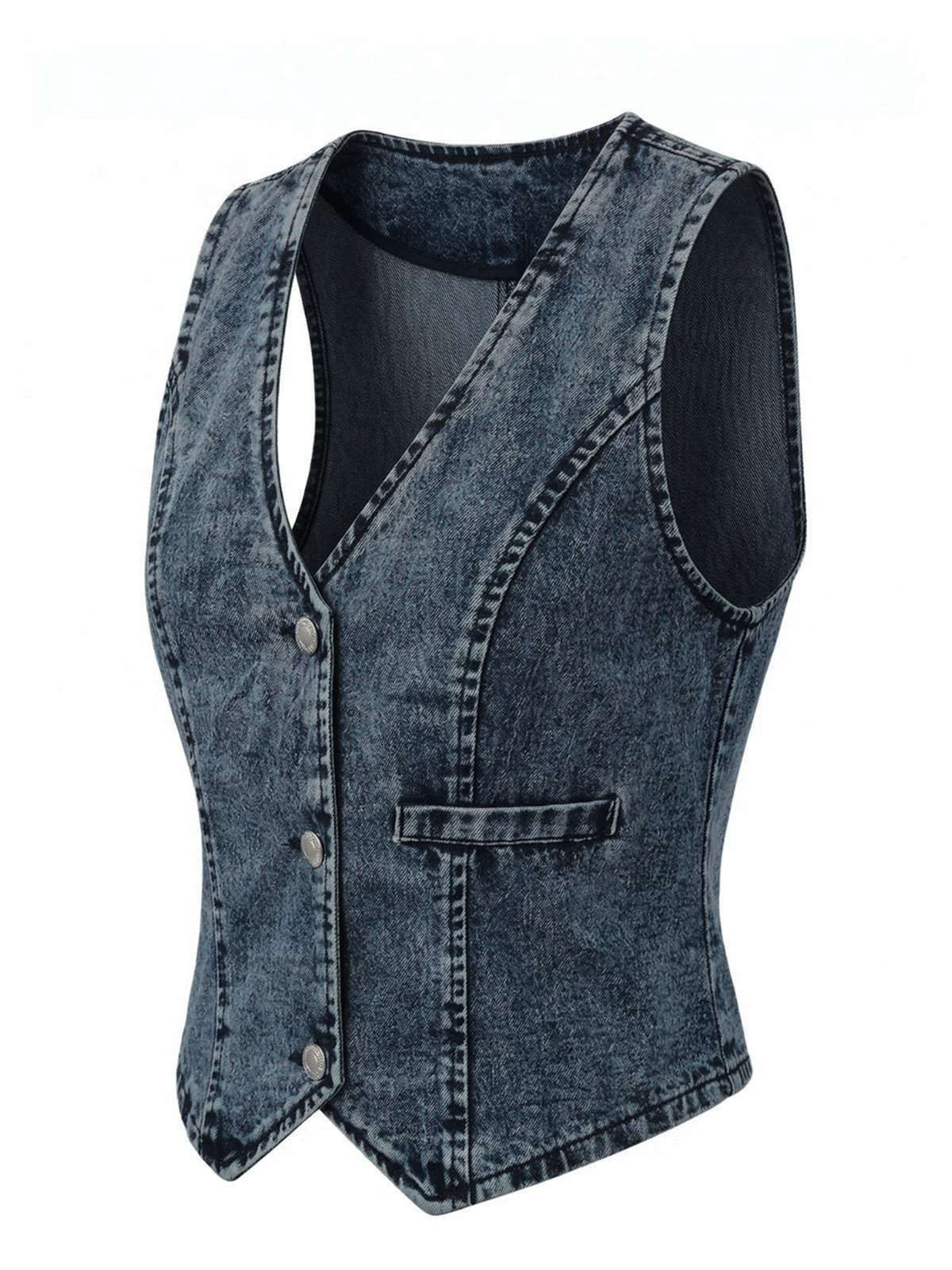 Haut bleu denim col V sans manches boutonné années 70 - Image 3