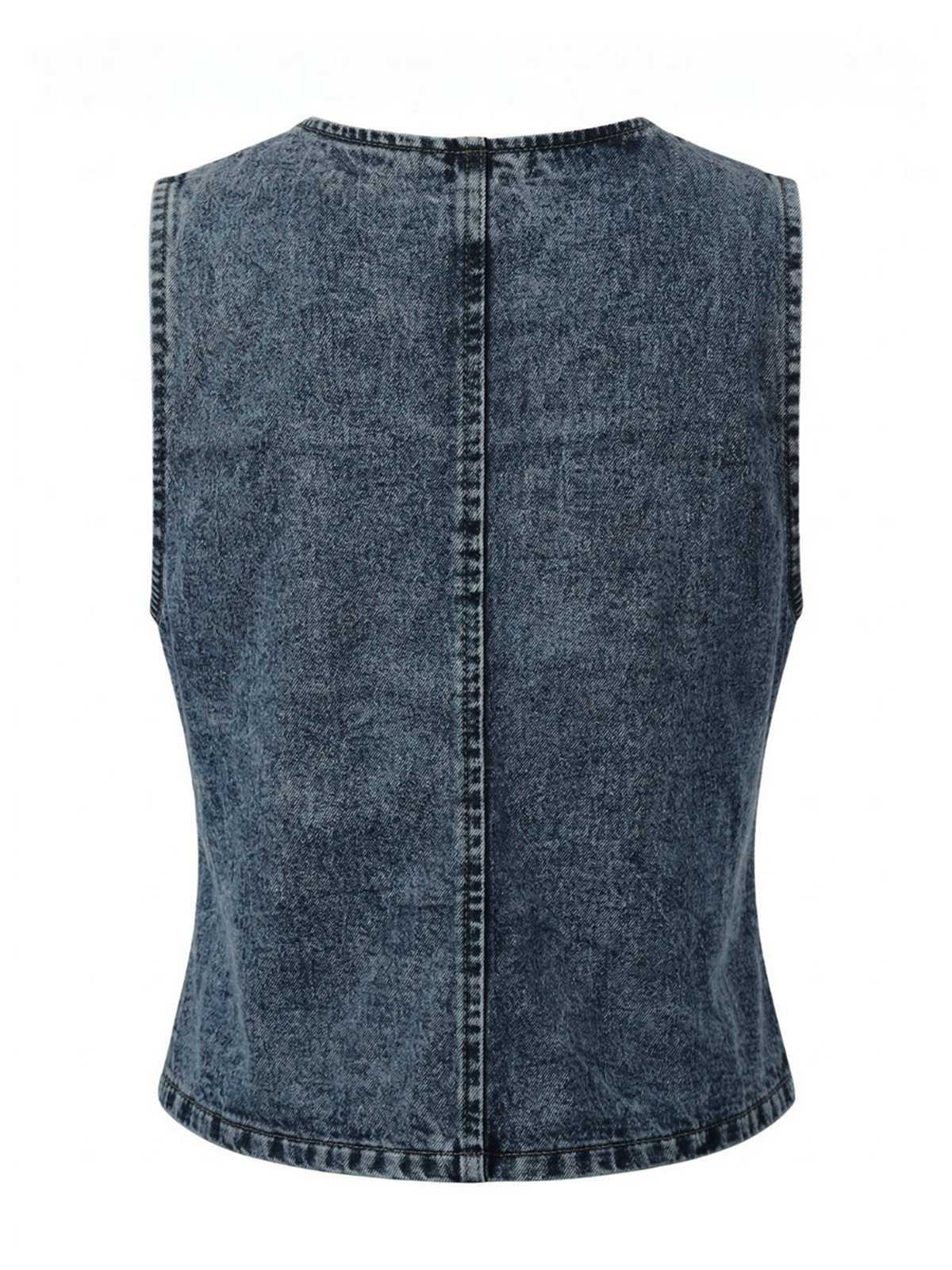 Haut bleu denim col V sans manches boutonné années 70 - Image 4