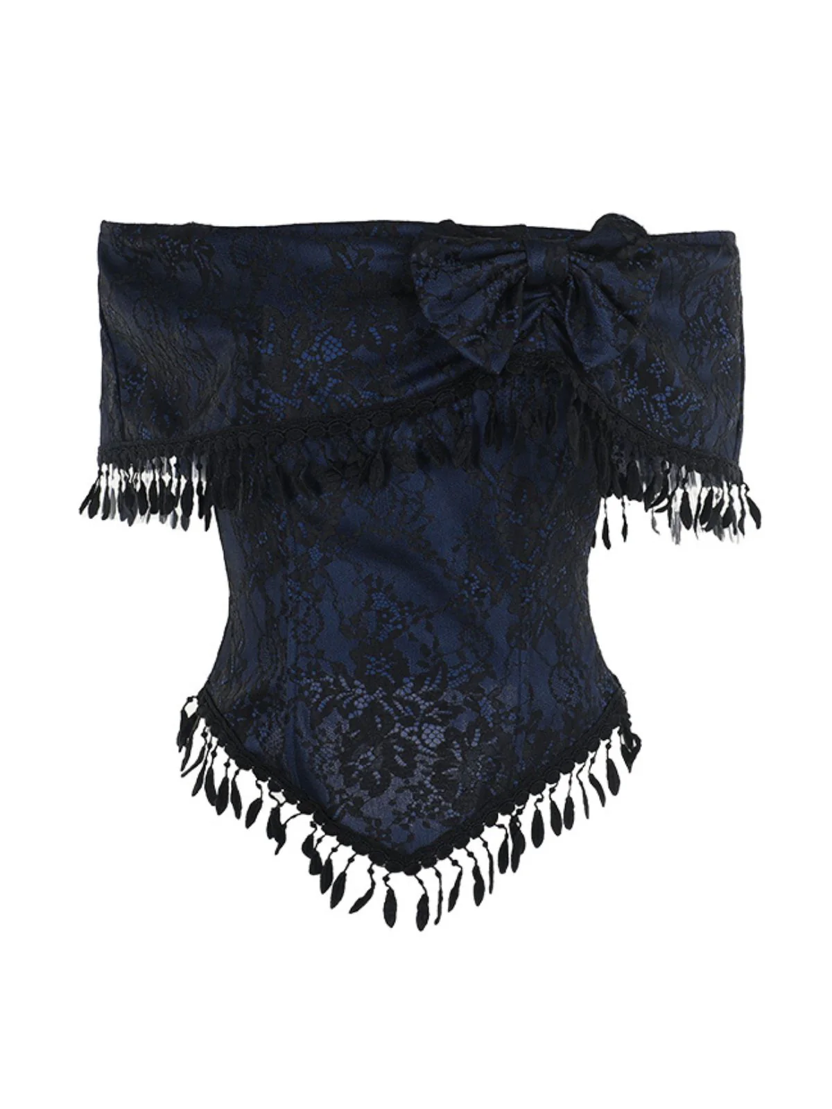 Haut bleu foncé épaules dénudées et pompons en dentelle des années 1930