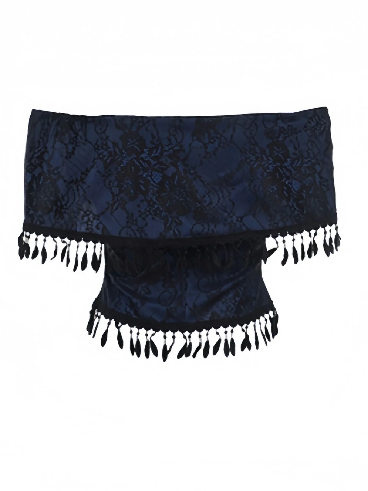 Haut bleu foncé épaules dénudées et pompons en dentelle des années 1930 - Image 2