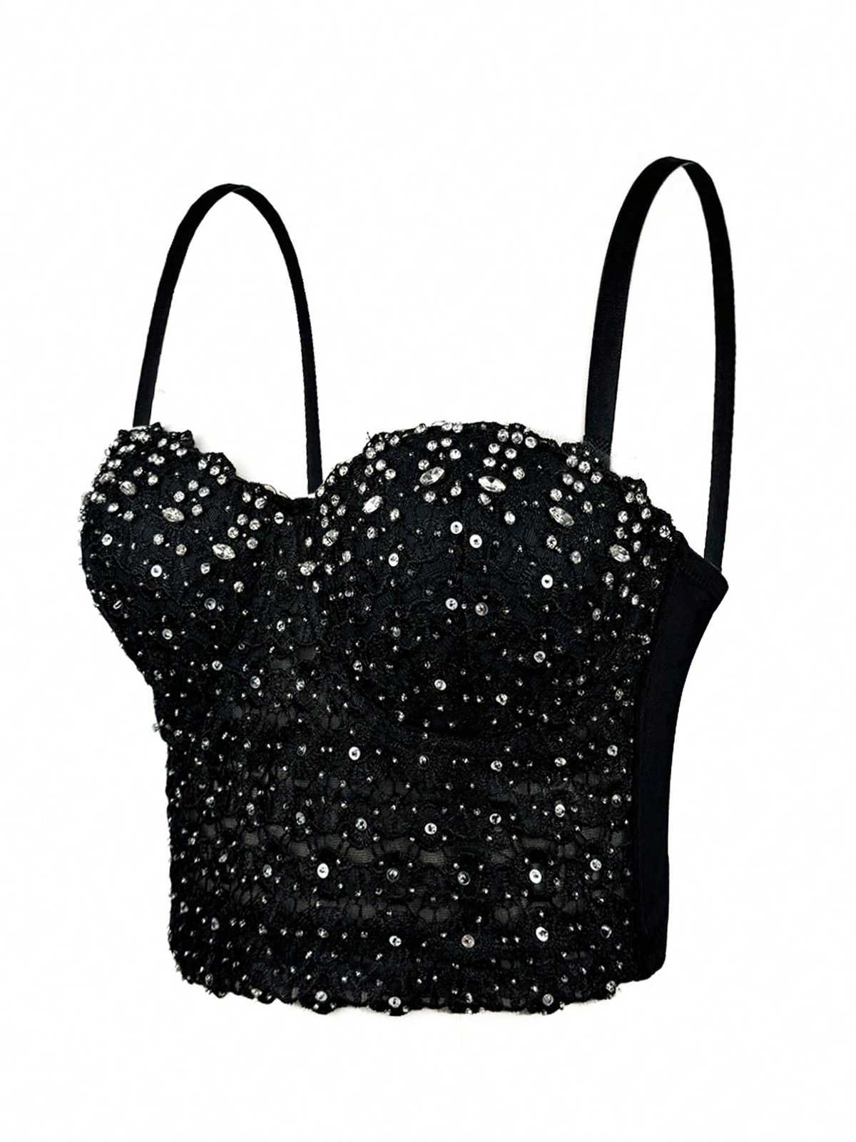 Haut corset à bretelles et strass scintillants des années 1980 - Image 2