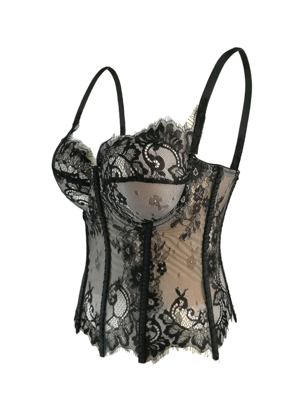 Haut court Corset steampunk noir en dentelle bretelles années 1980 - Image 2