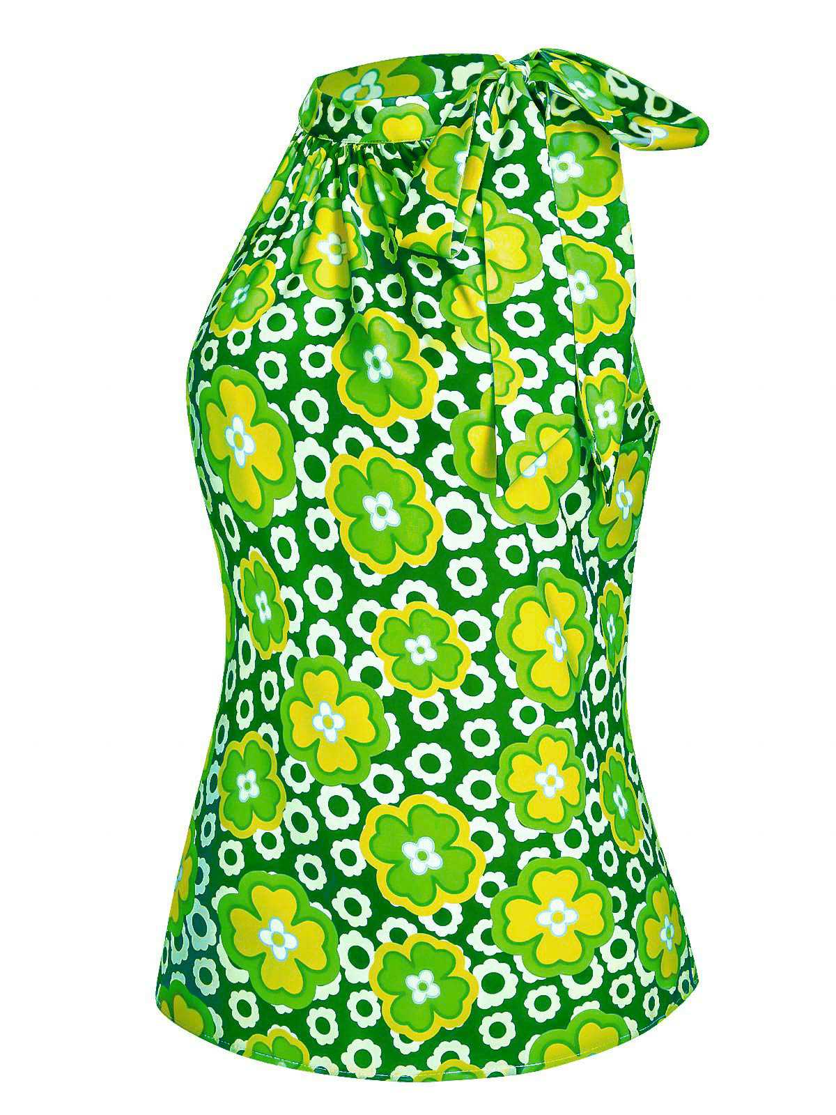 Haut sans manches à col noué et motif floral vert des années 1960 - Image 3