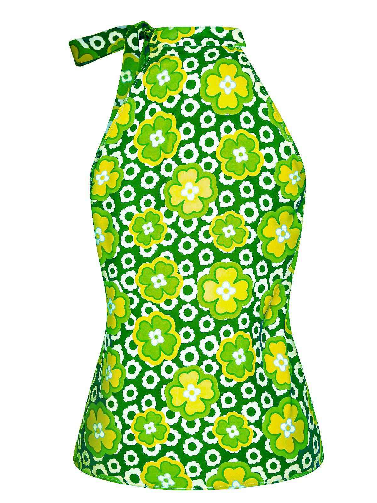 Haut sans manches à col noué et motif floral vert des années 1960 - Image 4