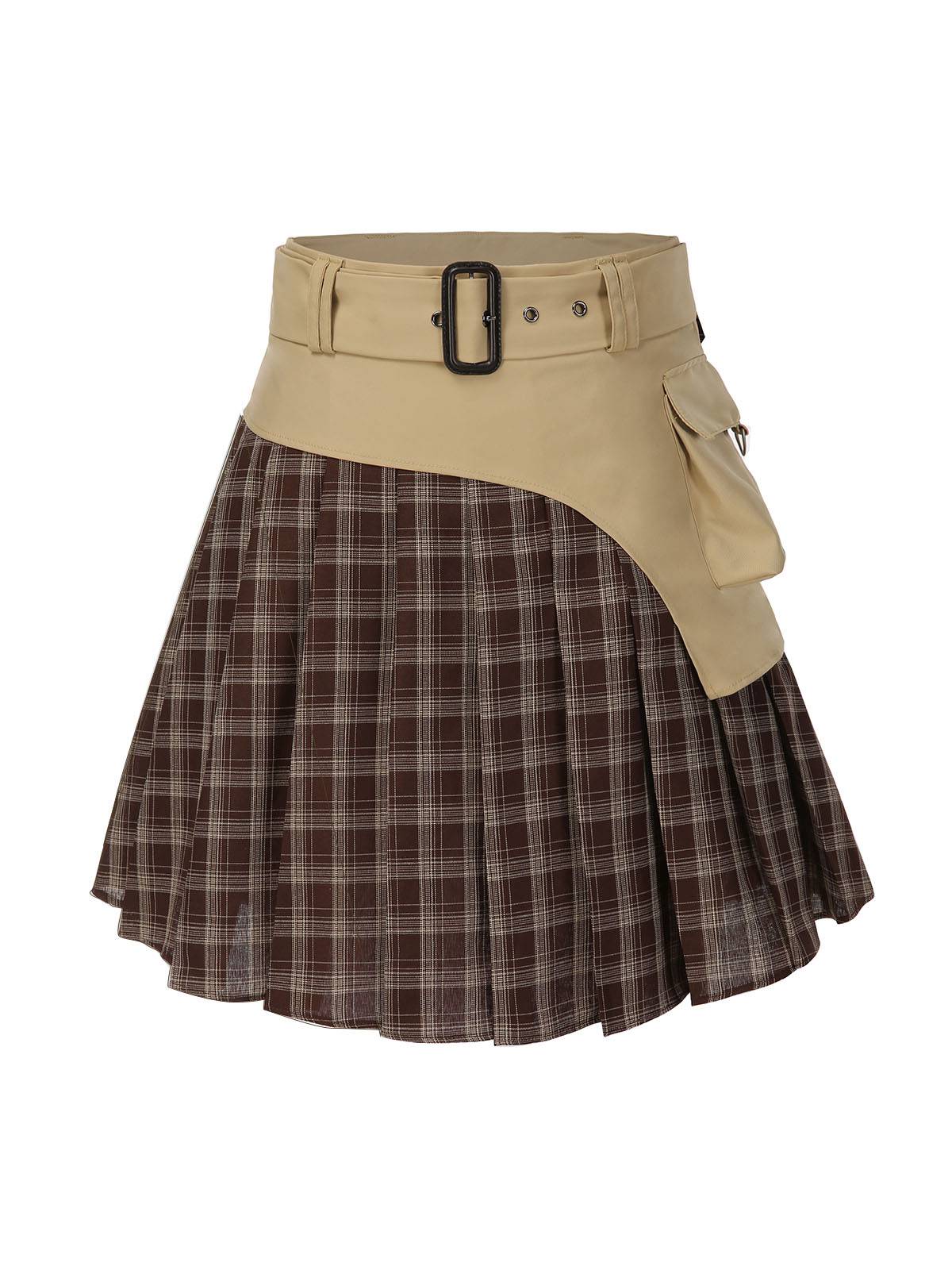Jupe plissée à carreaux en patchwork marron avec ceinture des années 1960 - Image 3
