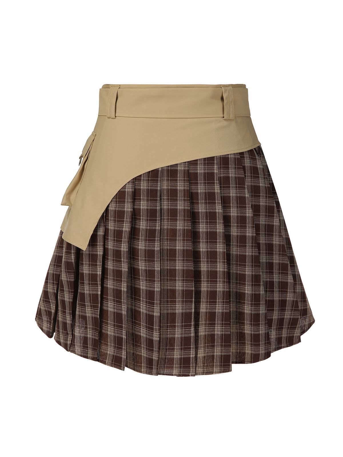 Jupe plissée à carreaux en patchwork marron avec ceinture des années 1960 - Image 4