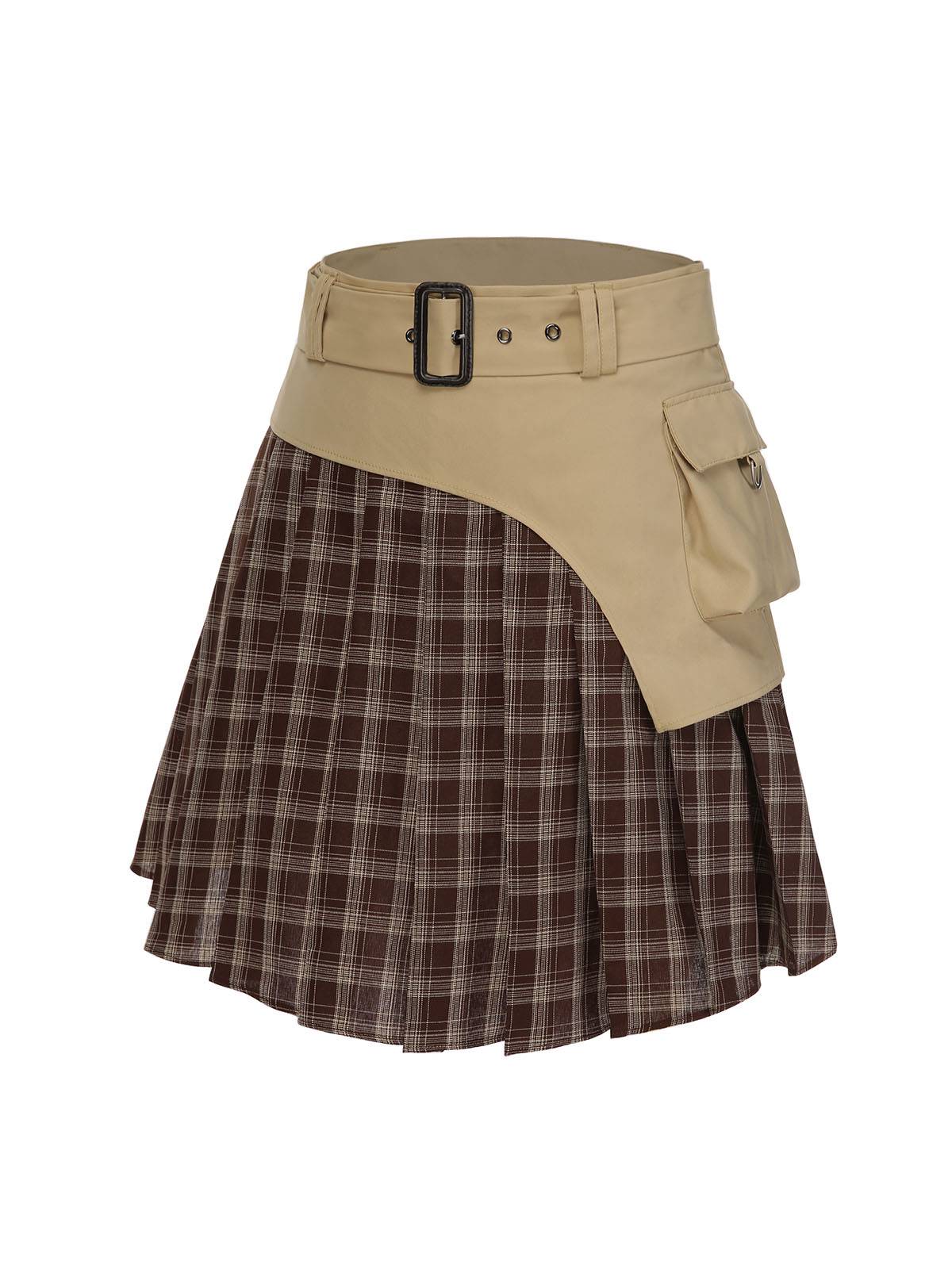 Jupe plissée à carreaux en patchwork marron avec ceinture des années 1960 - Image 5