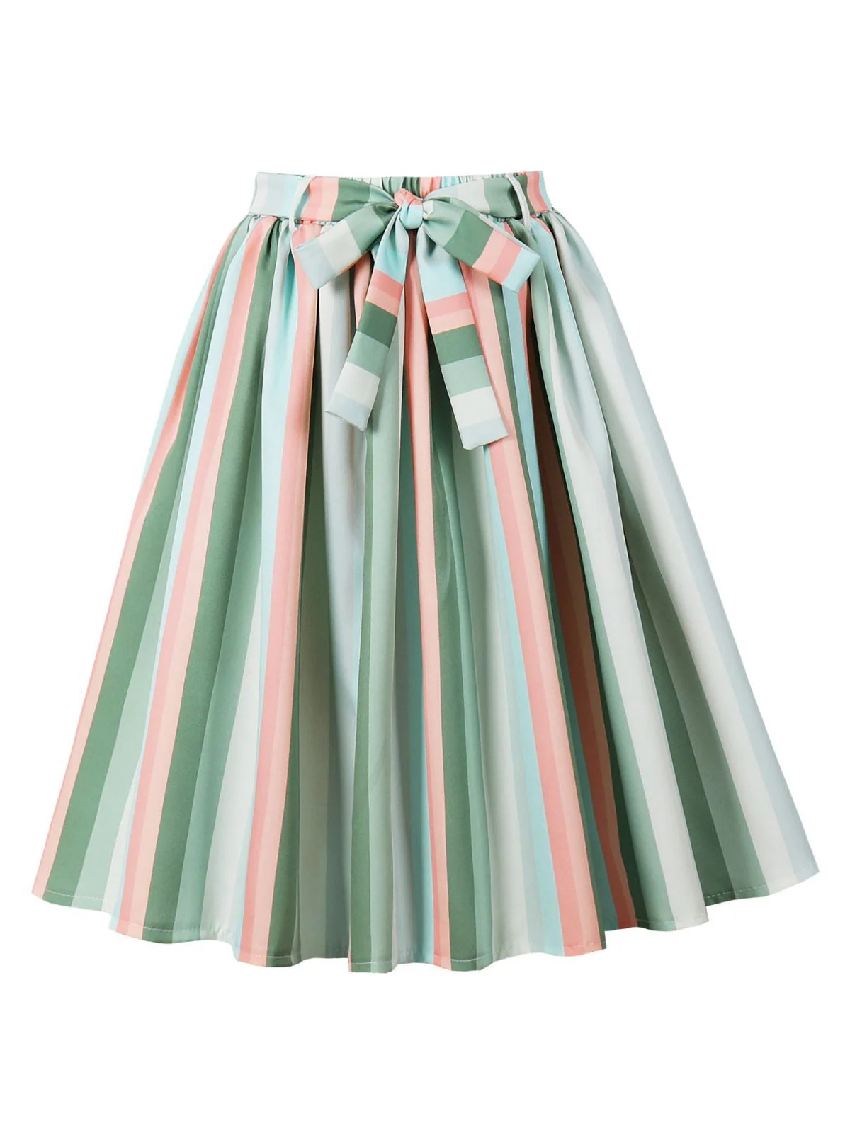 Jupe rayée colorée à nœud gris-vert des années 1950