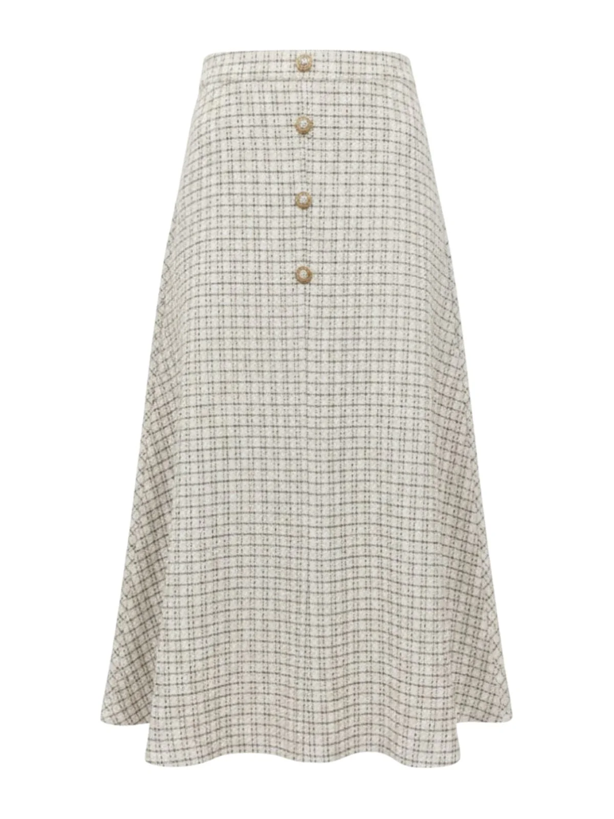 Jupe trapèze beige en tweed à carreaux à boutonsannées 1940