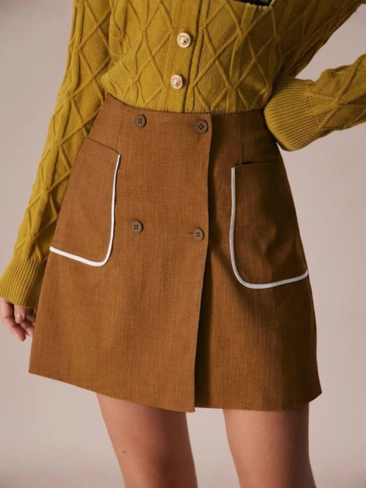 Jupe trapèze taille haute marron avec poches années 1980 - Image 2