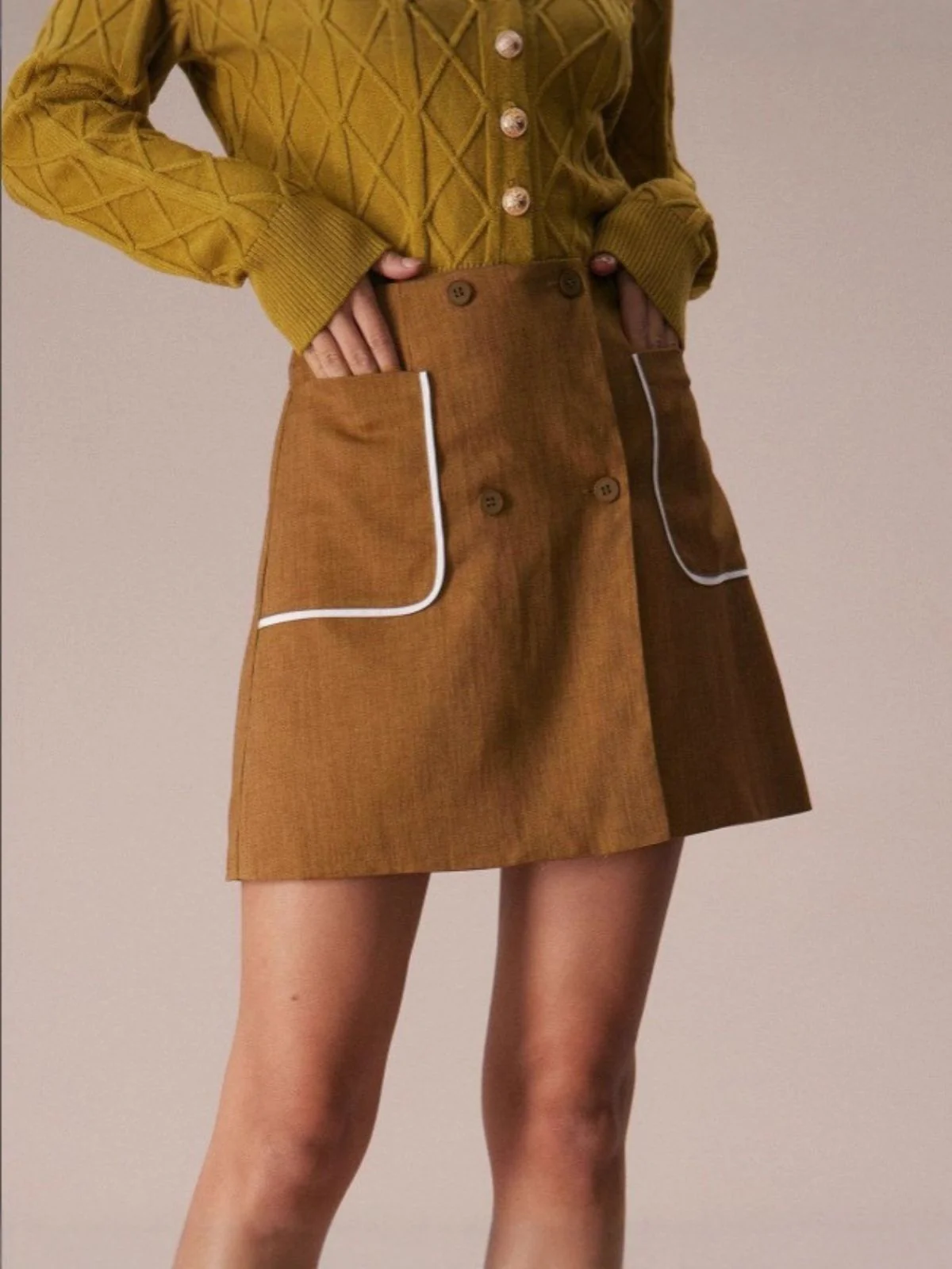 Jupe trapèze taille haute marron avec poches années 1980 - Image 3