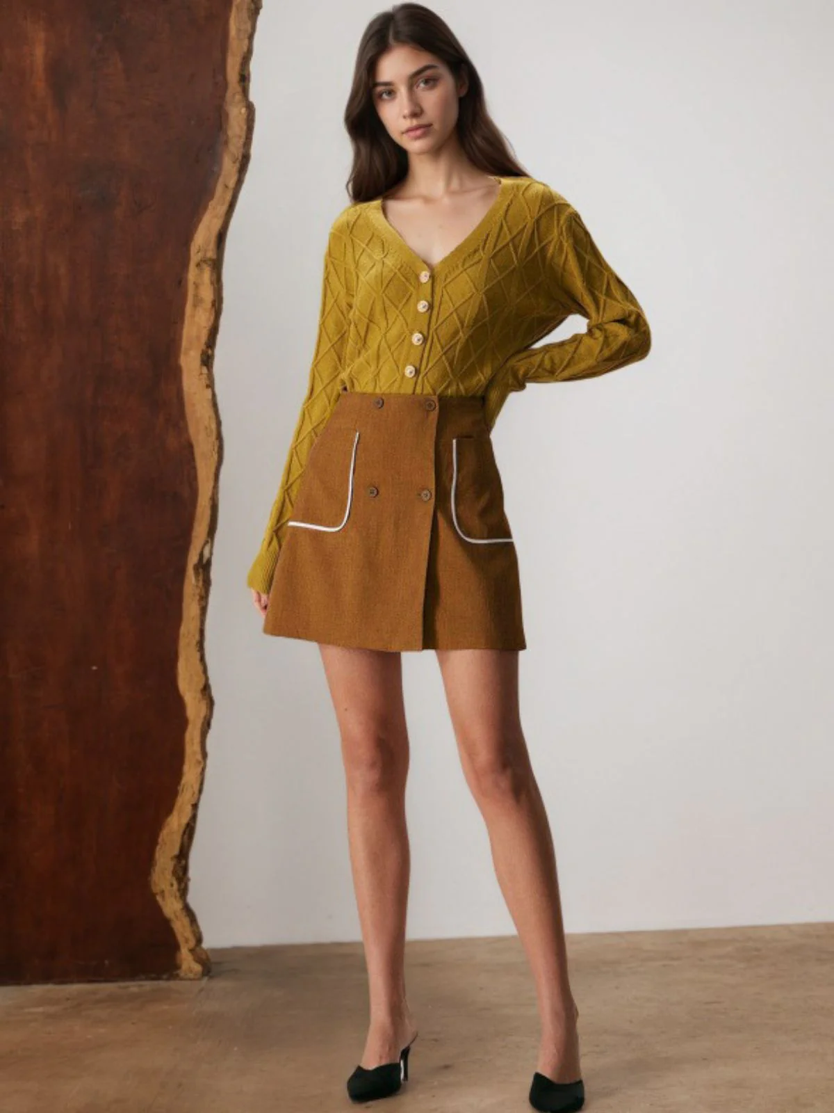 Jupe trapèze taille haute marron avec poches années 1980 - Image 4