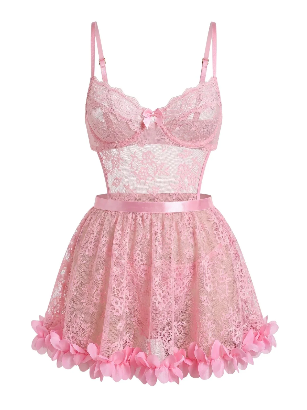 Lingerie Babydoll rosedentelle florale transparente pétales relief années 1950