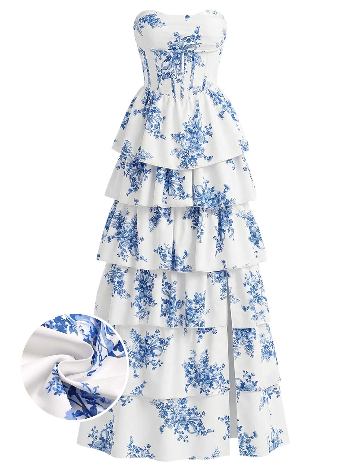Longue robe bleue bustier à baleines et volants étagés motif floral années 1930