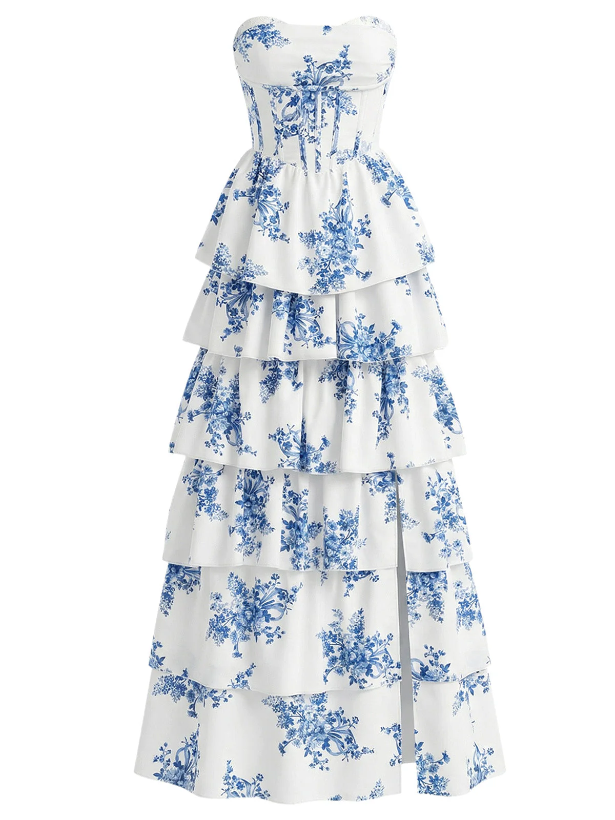 Longue robe bleue bustier à baleines et volants étagés motif floral années 1930 - Image 2