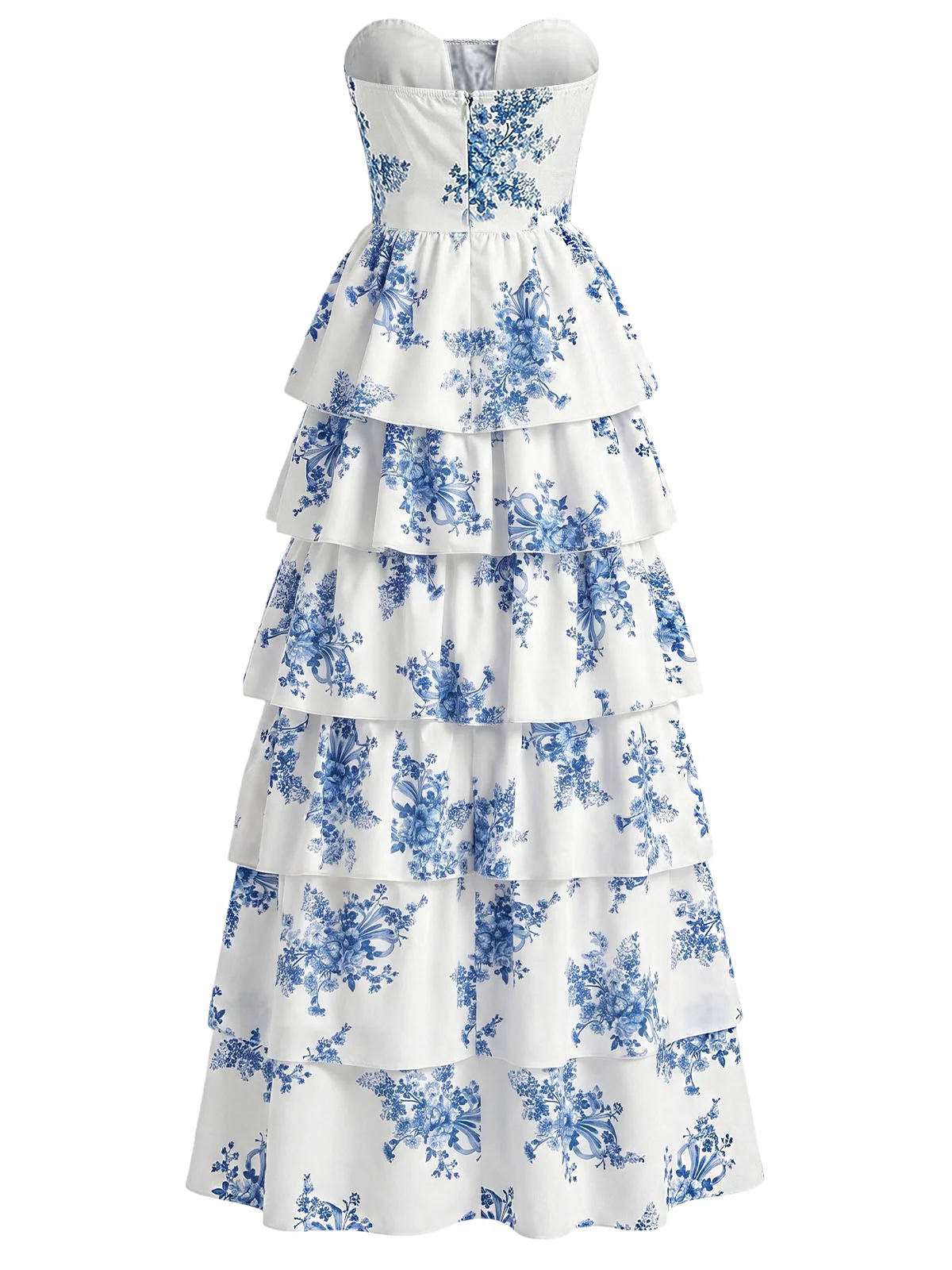 Longue robe bleue bustier à baleines et volants étagés motif floral années 1930 - Image 3