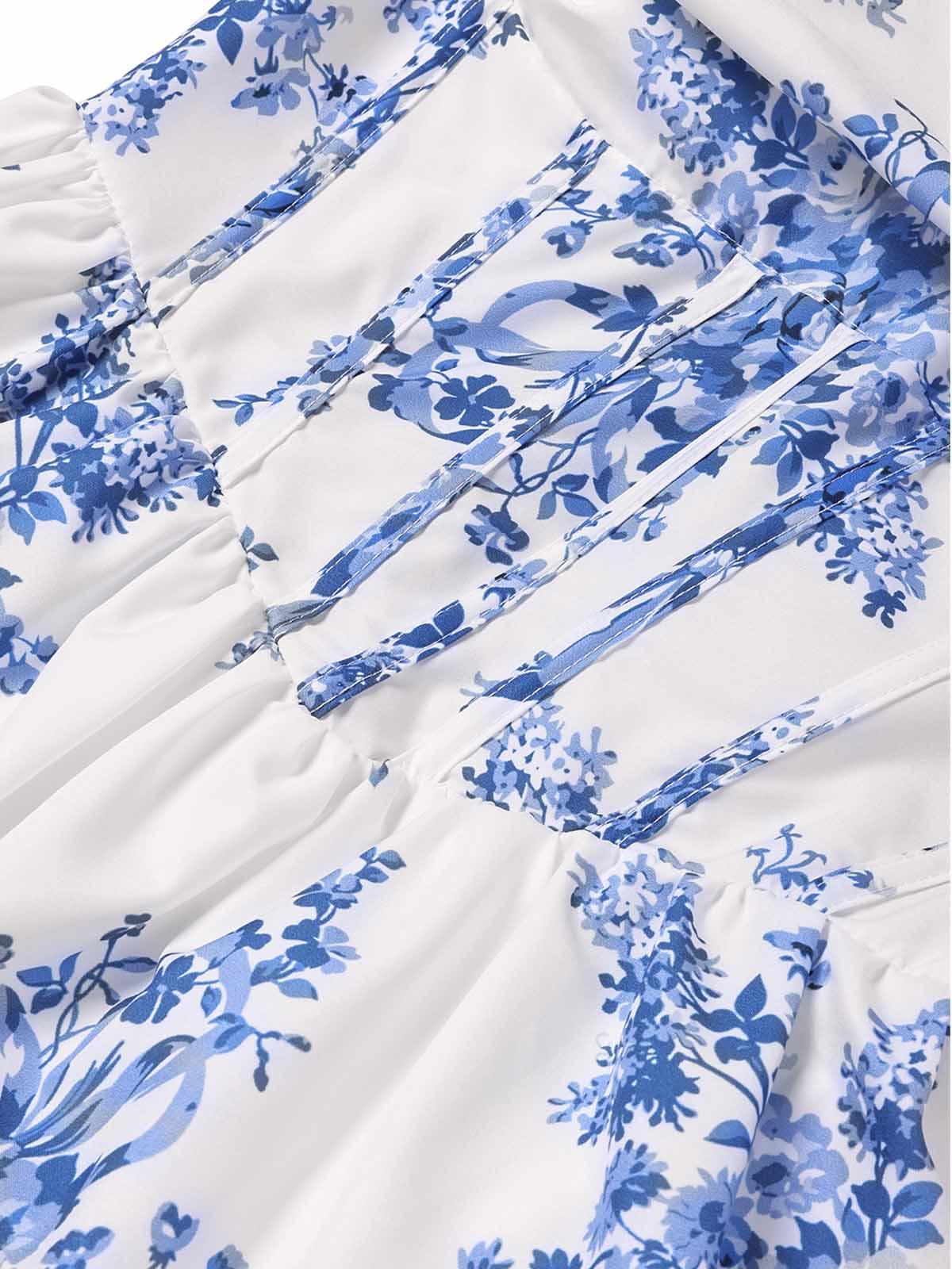 Longue robe bleue bustier à baleines et volants étagés motif floral années 1930 - Image 4