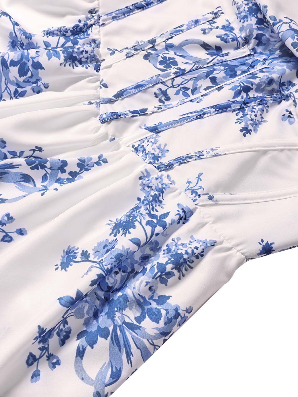 Longue robe bleue bustier à baleines et volants étagés motif floral années 1930 - Image 5