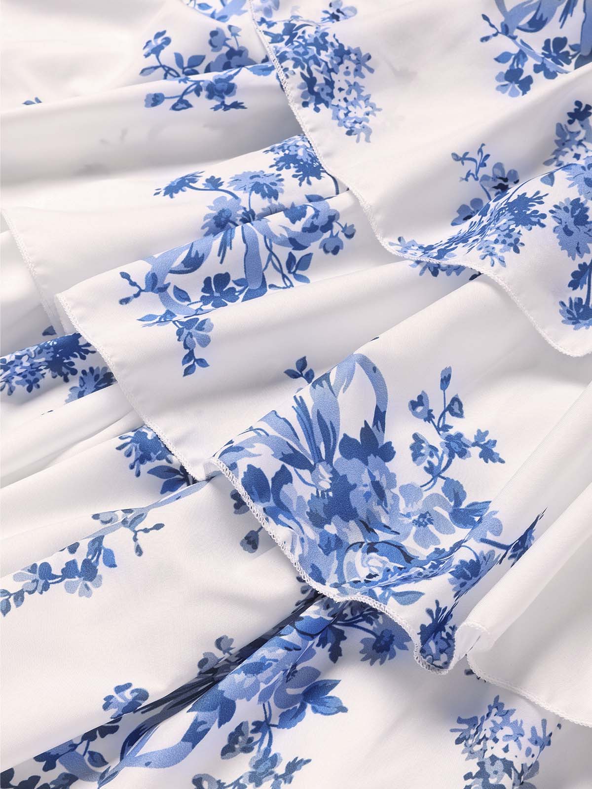 Longue robe bleue bustier à baleines et volants étagés motif floral années 1930 - Image 6